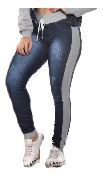calça jeans com lateral de moletom
