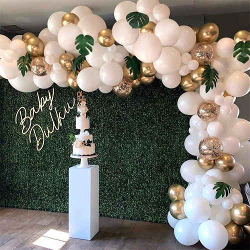 Imagen 6 de 6 de Arco Globos Decorativo Hojas Blanco Dorado Confetti Cumple