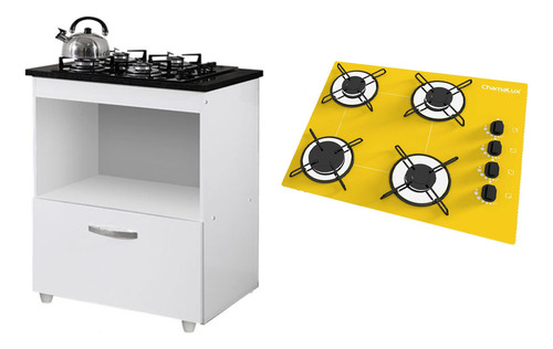 Kaiki Móveis Bivolt kit balcão cooktop 1 porta br com fogão cooktop 4 bocas or branco
