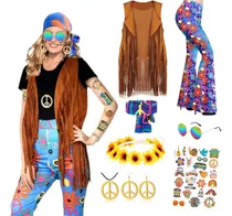 Comprar Disfraz Hippie De Años 60 Y 70, Chaleco Hippie Con Flecos, Pantalones Acampanados, Bufandas, Gafas De Sol, Collar Y Aretes De Paz,tatuajes Temporales