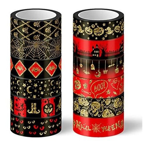 12 Rollos Cinta Washi Halloween, Rojo Negro, Calabaza