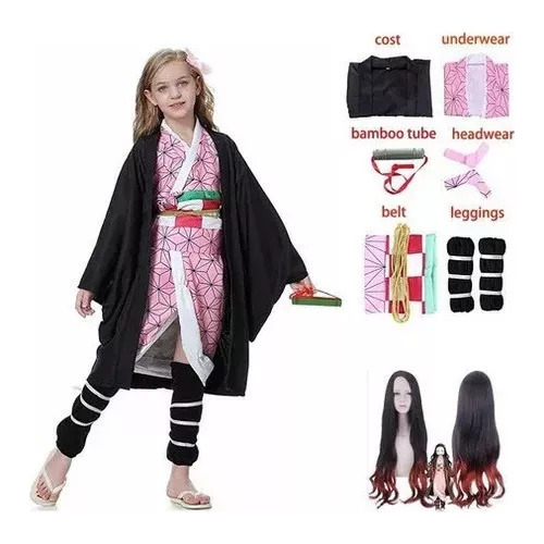 Traje Kimono Nezuko Cosplay Demon Slayer Niños+peluca