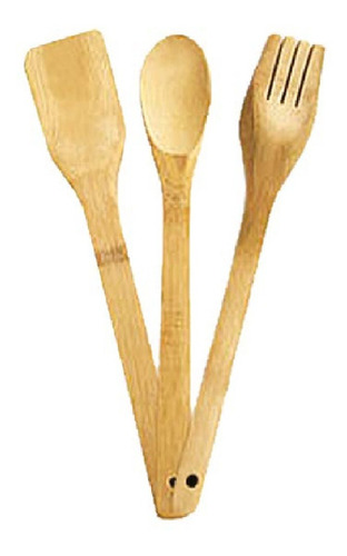 Kit 3 Talheres Grande Utensílios Cozinha Em Bambu