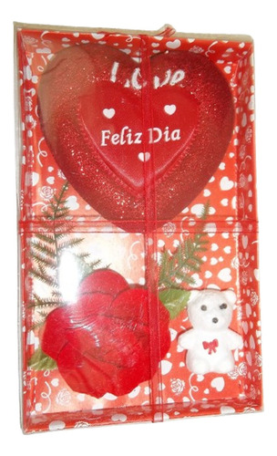 Presente Adorno De Corazon, Osito Y Rosa En Caja De Regalo