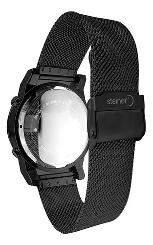 Reloj Digital De Dama Diseño Tejido Acero Inox Steiner 28 Mm Correa Negro Bisel Negro Fondo Negro