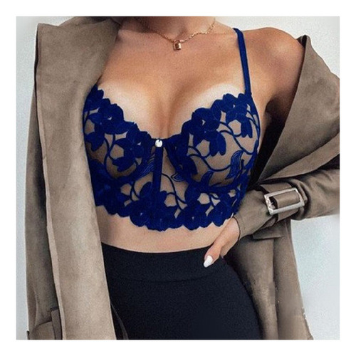 Bralette De Encaje Transparente Con Tirantes Finos Y Cuello