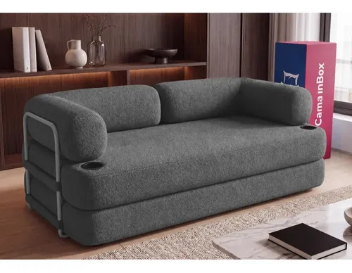 Sofá Cama Orbe. 1,90m Xpand Tech Tecido Boucle Cama Inbox Cinza-escuro Liso