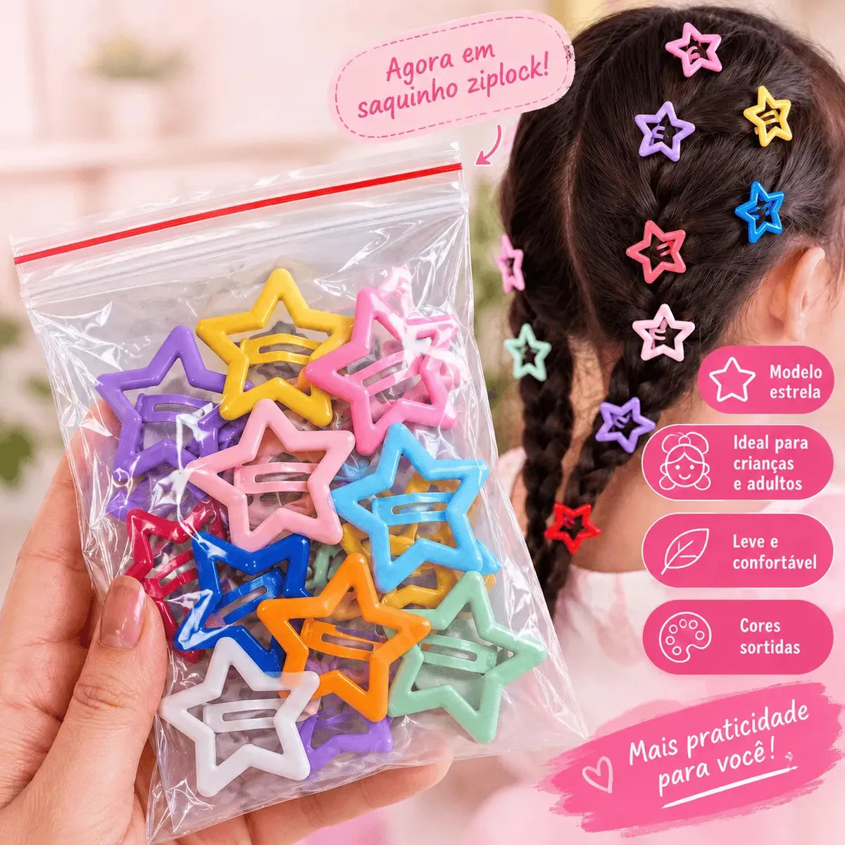 30Unid Presilhas Estrela Colorida Tic Tac Cores Sortidas Infantil Prendedores Cabelo Menina Grampos Estrelinhas Clip Xuxinha 30 Unidades