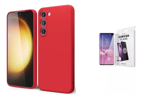 Kit - Case Silicona Rojo Para Samsung S23 + Mica De Pantalla