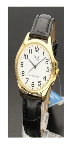 Reloj De Dama Q&q Caja Dorada, Carátula Blanca, Números. Correa Negro Bisel Dorado Fondo Blanco