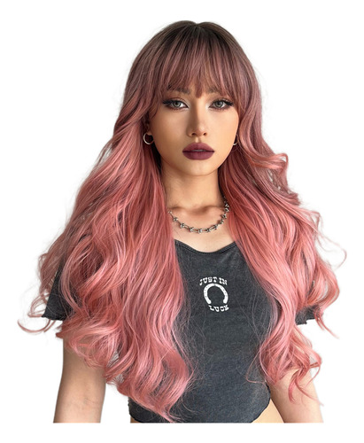 Peluca Larga Rizada Sintética De Color Rosa Ondulado De Wigs