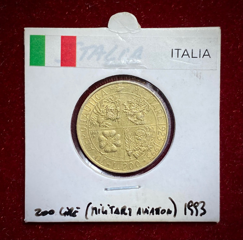 Moneda 200 Liras Italia 1993 70 Aniv Aviación Militar Km 155
