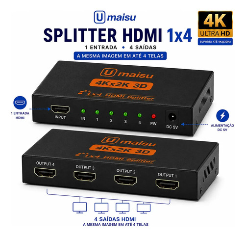 Splitter Distribuidor Divisor Hdmi 4k 1x4 3840p Repetidor De Sinal Para Telas Monitores E Projetores - Ng Soluções