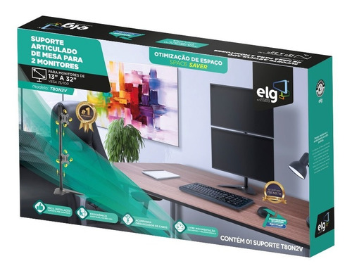 Suporte De Mesa Vertical 2 Monitores Até 32 ELG T80n2v