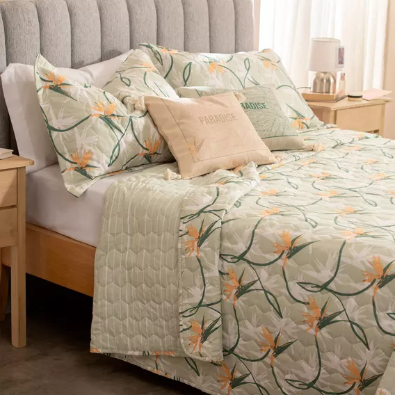 Cubrecama 2 Plazas Queen Size Estampado Flor Reversible Color Verde claro