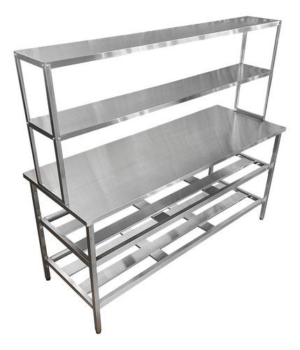 Mesa Em Aço Inox De 1,90x70 Com 2 Prateleiras De Apoio Lisa