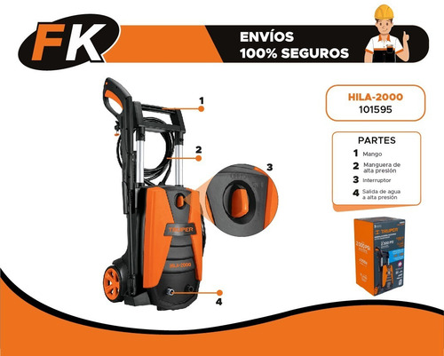 Imagen 5 de 5 de Hidrolavadora eléctrica Truper HILA-2000 naranja/negro de 2.6hp con 2000psi de presión máxima 127V - 60Hz