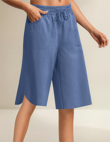 Pantalones Cortos De Cintura Elástica Con Bolsillos De Lino