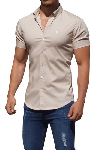 Camisa Beige Manga Corta John Leopard Slim Fit Envio Gratis