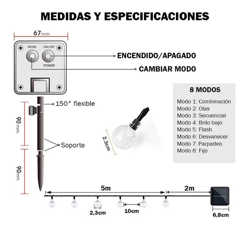 Imagen 7 de 10 de Guirnalda 50 Luces Exterior Panel Solar Control Remoto Usb