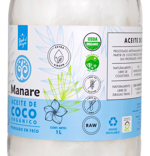 Imagen 1 de 3 de Aceite De Coco Orgánico 1 Lt - Manare