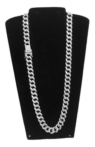 Conjunto Cordão Corrente Pulseira Prata 13mm Cravejada 70cm