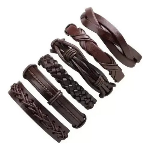 Conjunto Pulsera Brazalete Hombre Moda Cuero 6 En 1 Marron