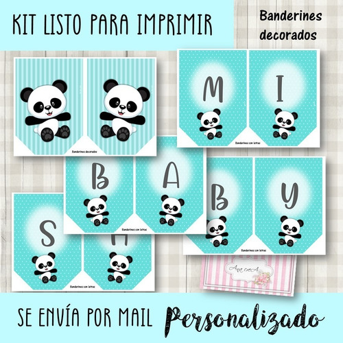 Kit Imprimible Osito Panda Mod.8 Verde Agua Deco Y Candy Bar