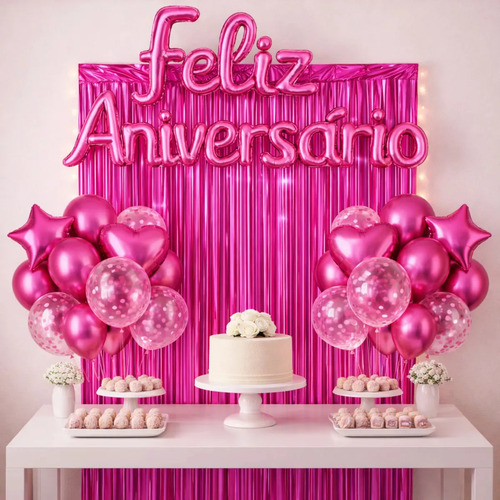 Kit Balão Feliz Aniversário Festa Cortina Faixa Decoração Pink