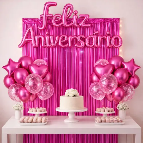 Kit Balão Feliz Aniversário Festa Cortina Faixa Decoração Pink