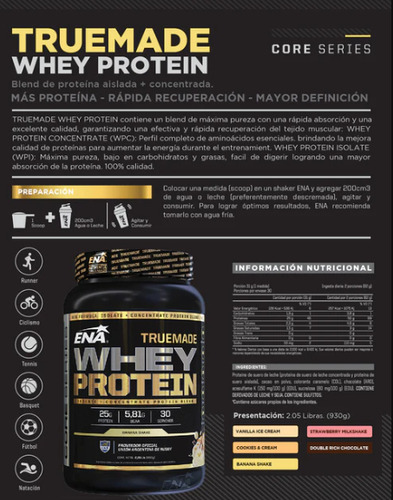 Suplemento en polvo ENA Sport True Made Whey Protein proteínas sabor vanilla ice cream en pote de 930g
