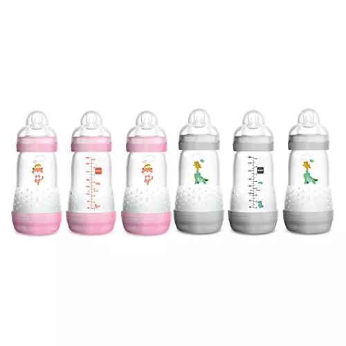 MAM Easy Start - Biberón anticólicos de flujo medio con tetina de silicona,  biberones esenciales para bebé niña, los diseños pueden variar, 9 oz (2