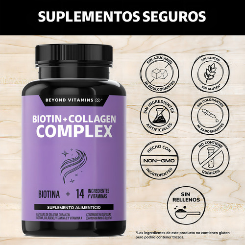 Biotin + Collagen Complex - Contiene Biotina + Colágeno + 15 Ingredientes Y Vitaminas - Colageno Biotina - Multi Collagen Peptides - Vitybell Vitaminas Mujer - Cabello Piel Uñas - 150 Cápsulas Sin Sabor