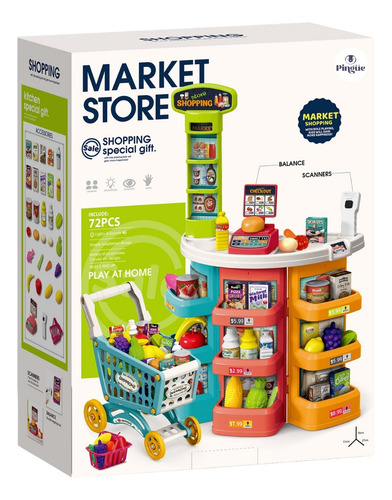Pingüe Set A Escala Juguete Supermercado Con Carrito 72 Pzas Amarillo