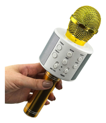 Microfone Bluetooth S/ Fio Infantil Youtube Karaoke Muda Voz Cor Dourado