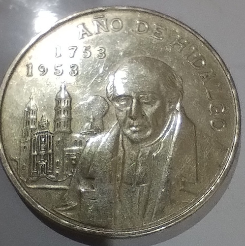 Moneda De 5 Pesos. Hidalgo Año 1953. Plata Ley 0.720