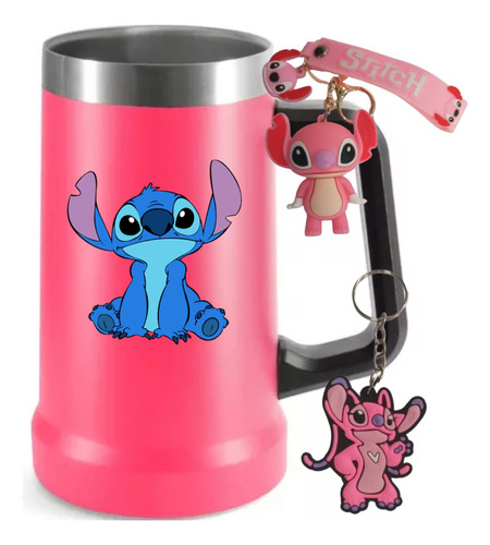 Caneca Pink Chopp Térmica 710ml Stitch Com Chaveiros