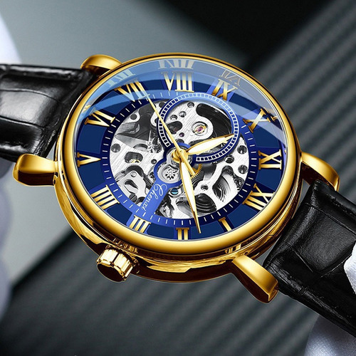 Relógios mecânicos de couro Chenxi 8878 com design de esqueleto, cor de fundo preta