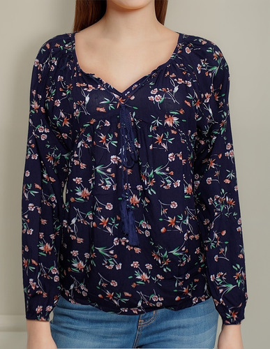 Blusa Dama Moda Mujer Estampado Flores Cordón En Cuello M820