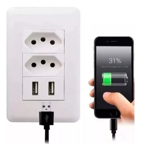 Tomada Com Usb Parede 110/220v Padrão 4x2 Carrega Turbo Cor Branco