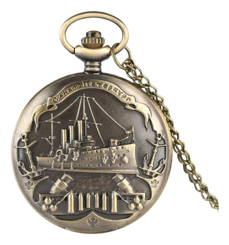 Relógio Bolso Navio Guerra Retro Vintage Corrente Bronze