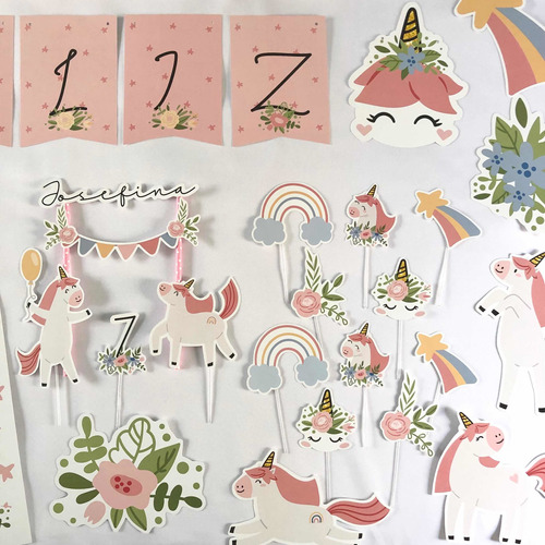 Kit Deco Cumple Cake Topper Banderín Pinchos Unicornio Flor