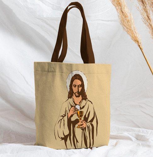 Bolsa Sacola Artesanal Tecido Religioso Biblia Jesus Kit 3 Cor Preto Desenho Do Tecido Jesus Cálice Bege