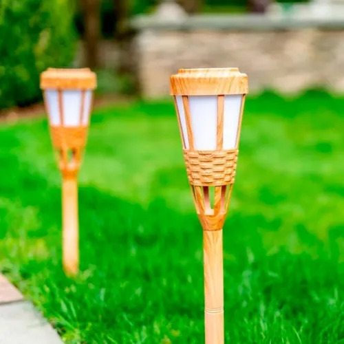 Juego De 4 Lámparas Solares 40 Leds Tipo Antorcha Tiki Estructura Beige