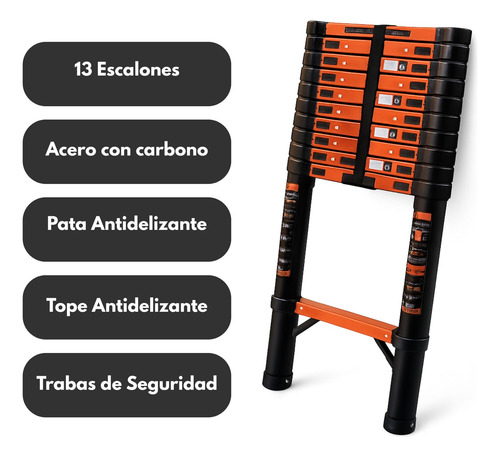 Escalera Extensible Telescopica 5,1m Acero + Carbono Liviana Negro