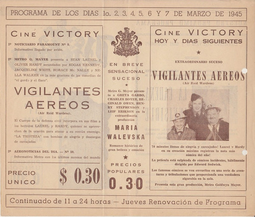 1945 Programa Cine Victory Laurel Y Hardy Air Raid Wardens