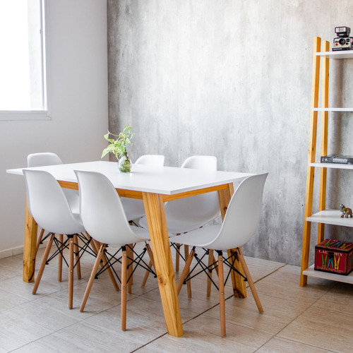 Juego Comedor Nórdico Mesa Madera 140x80 + 6 Sillas Eames Color Blanco