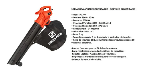 Imagen 2 de 5 de Soplador Aspirador Triturador 2500w Eléctrico Dowen Pagio