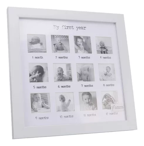 Marco de fotos de recuerdo de primer año para recién nacido con kit de  huellas y huellas, marco de fotos de bebé para 12 momentos de fotos (blanco)