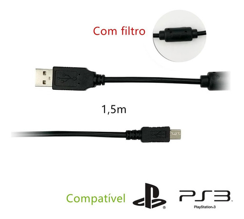 10 Cabo Usb P/ Controle Playstation 3 Ps3 V3 Filtro Atacado